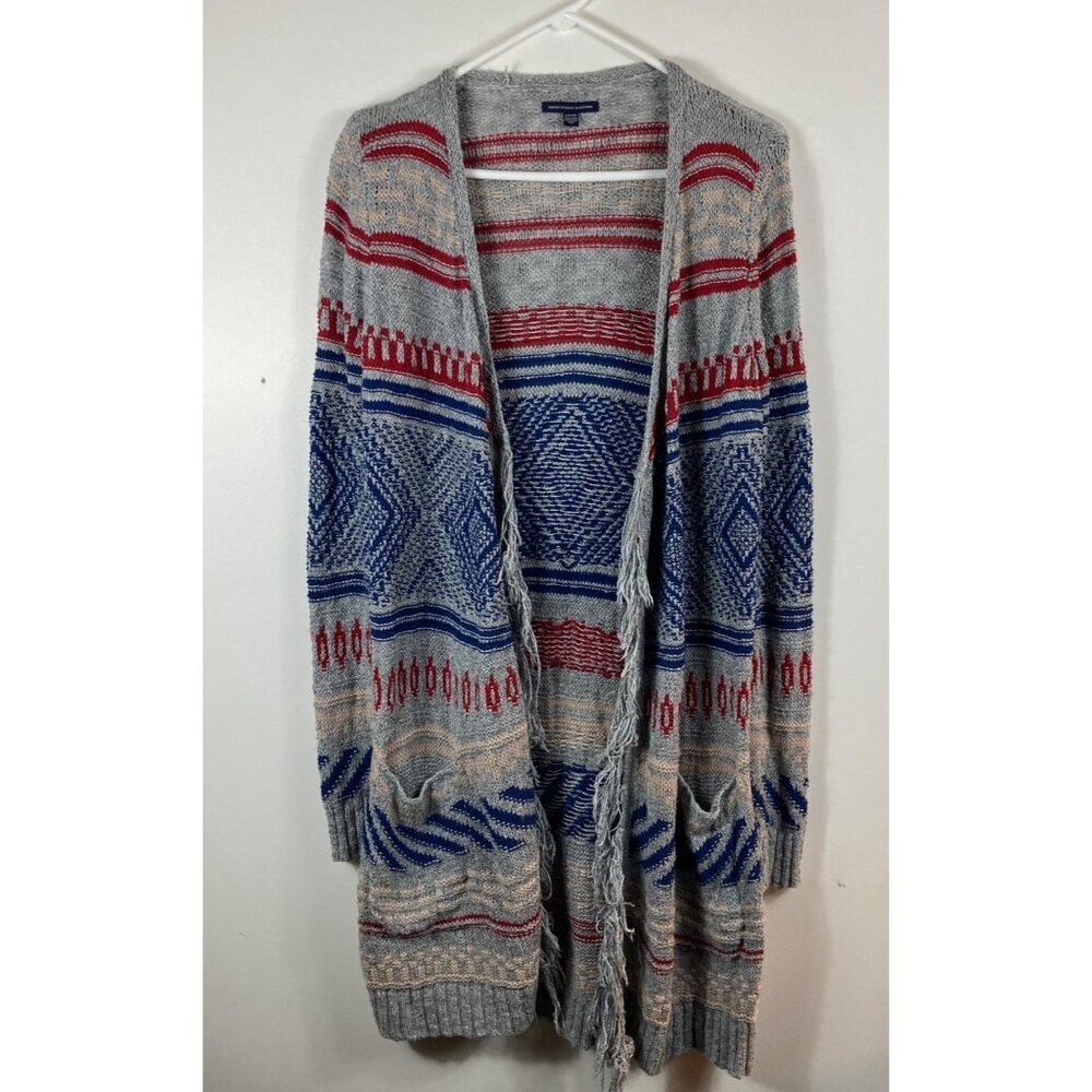 Womens American Eagle Open Cardigan Sweater Tassel Boho Southwest RedBlueGray‎ S
